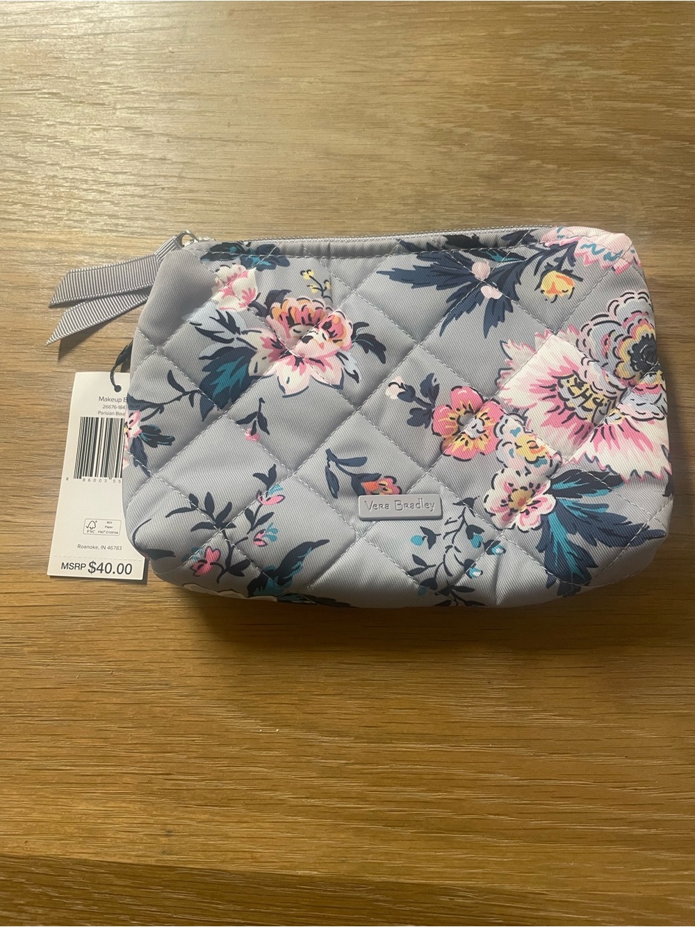Vera Bradley Quilted Floral Cosmetic Pouch - Light Gray with Pink Accents